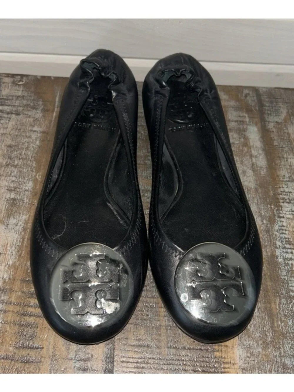 Tory Burch Sz 4M Womens Reva Ballet Flats Black Leather Silver Tone Logo